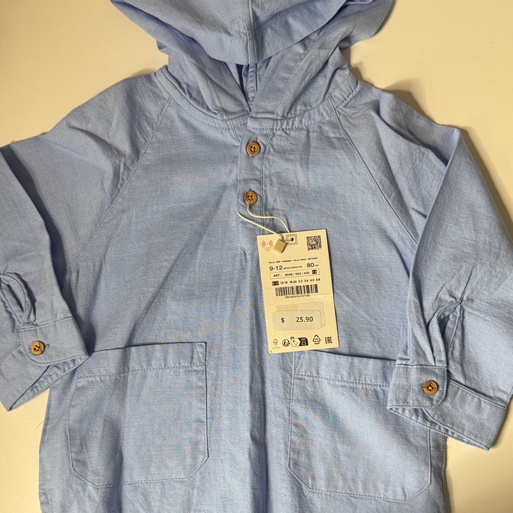 Zara Light Blue Kids Button Down Shirt with Hood